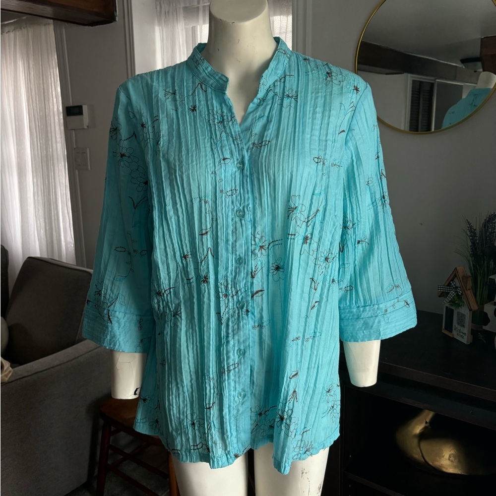 Addition Elle Turquoise Blue Button-Front Pintuck Blouse